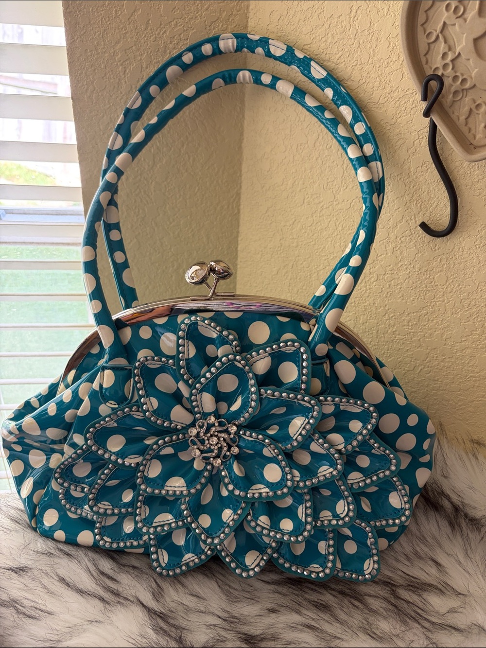 Polka Dot Teal Floral Applique Handbag